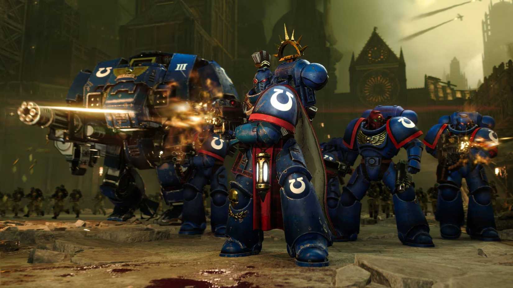 A group of ultramarines in Total War Warhammer 40k.