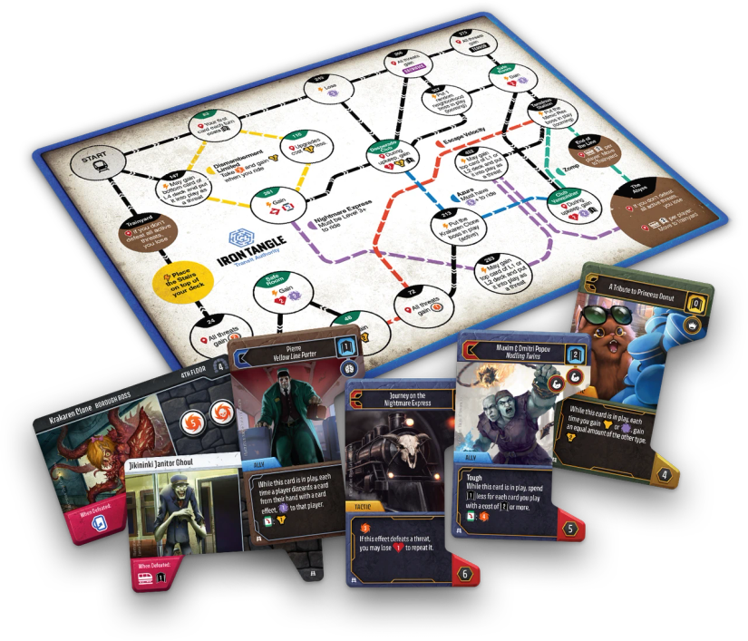 Image shows the components in Dungeon Crawler Carl Unstoppable: Iron Tangle Expansion