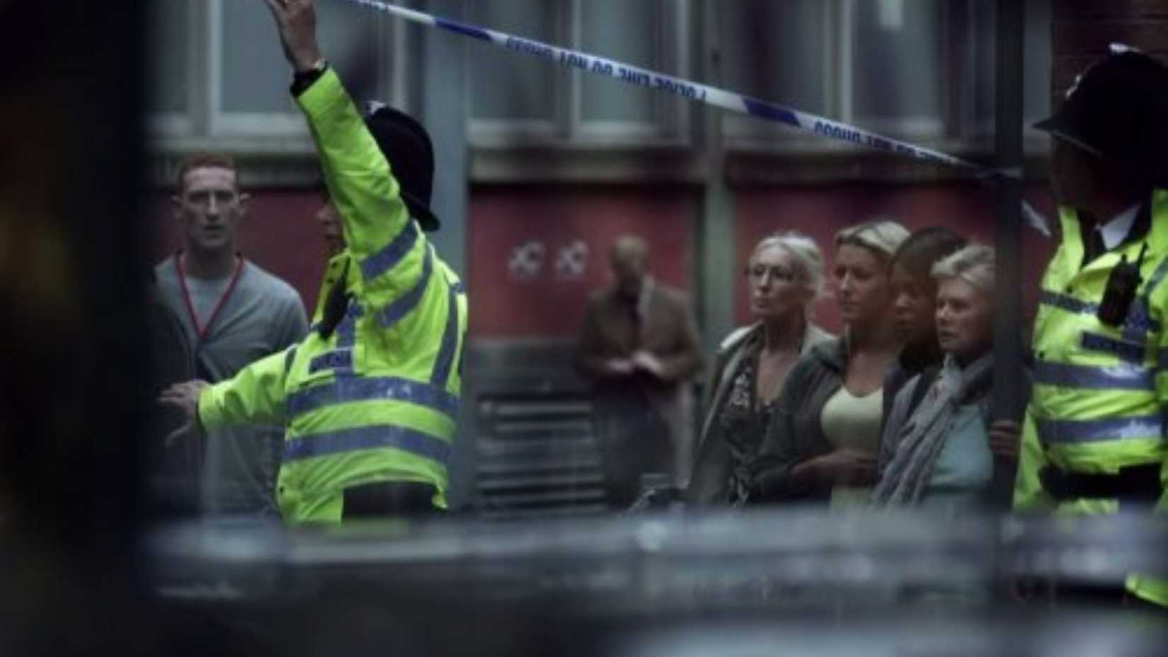 Police controlling a crowd in the BBC miniseries Paradox