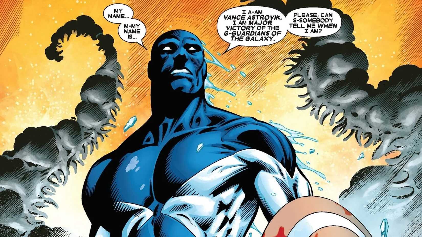 Vance Astro introducing himself while holding Captain America's shield