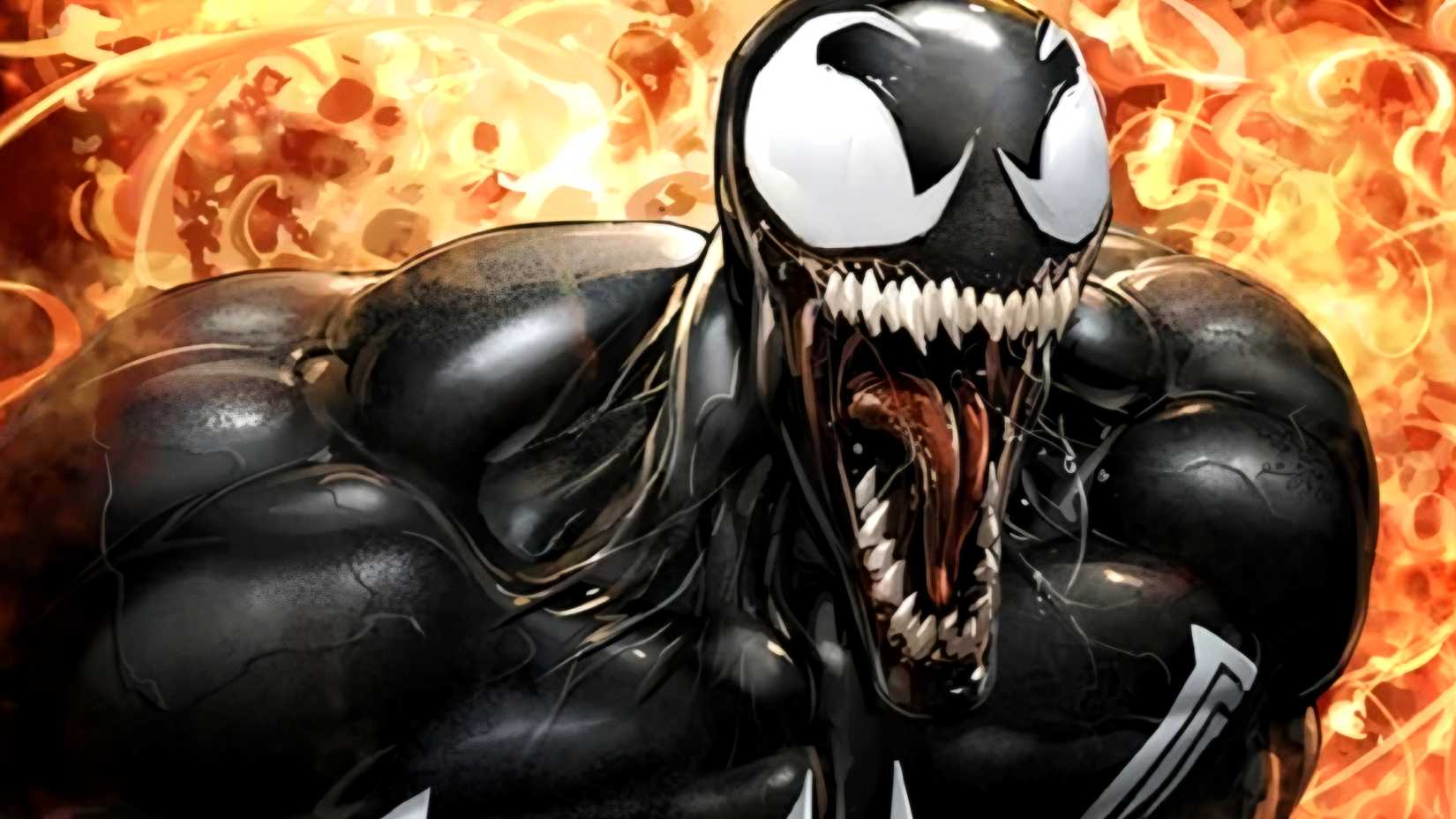 Venom screams next to fire in Marvel Comics art