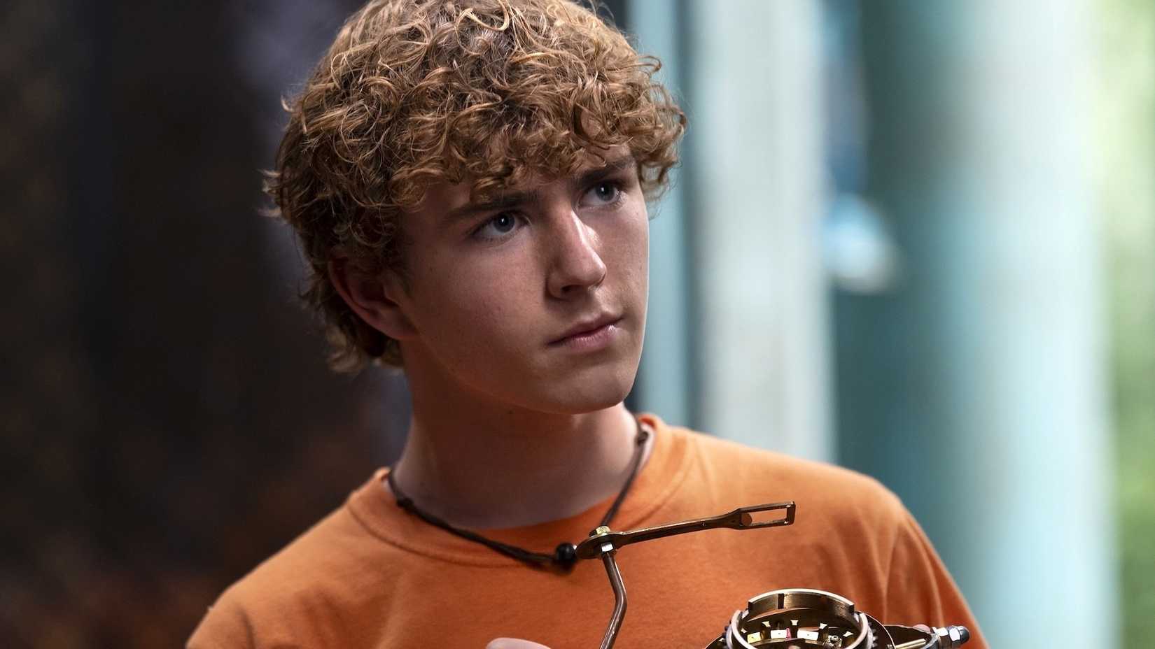 Walker Scobell as Percy Jackson looking serious in Percy Jackson season 2