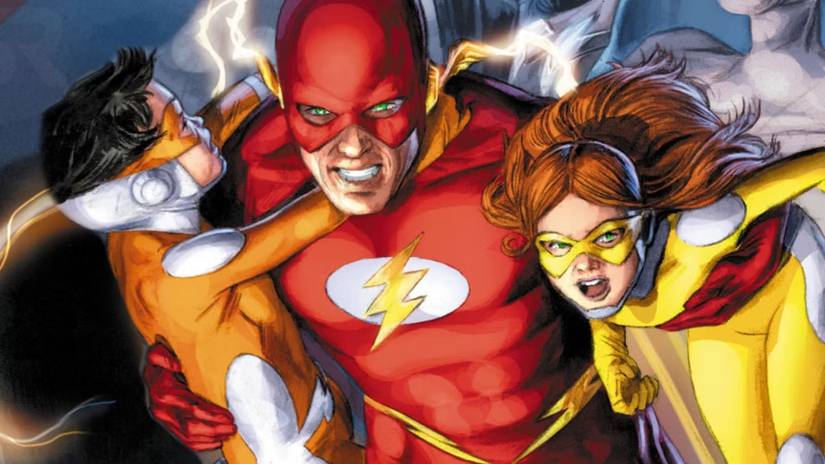 Wally West aka Flash carrying his children Jai and Iris.