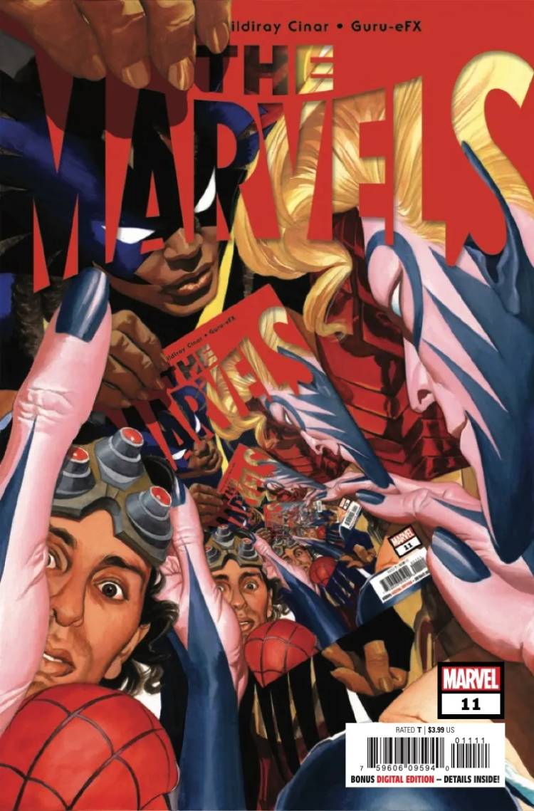 Warbird III and Kevin Schumer read their own comic in The Marvels cover