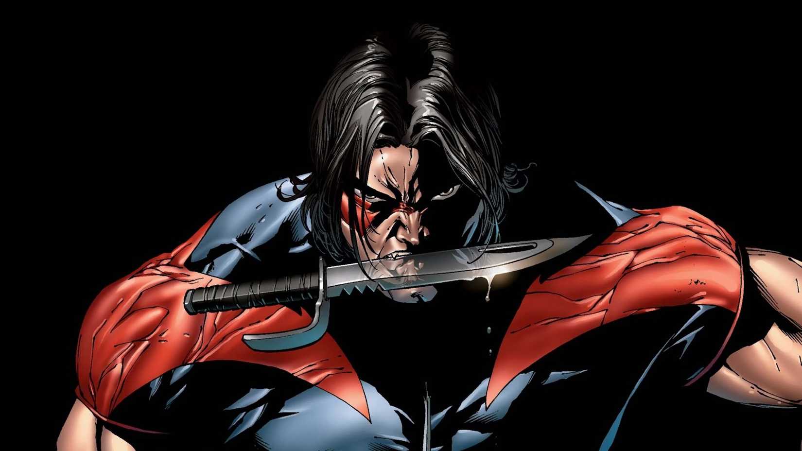 Warpath holding a knife in his mouth, muscles bulging out all over