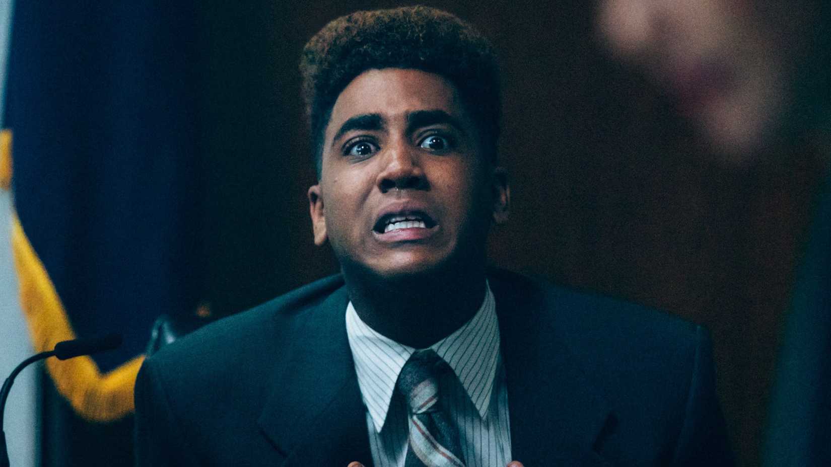 A man tearing up while being questioned in court in When They See Us.
