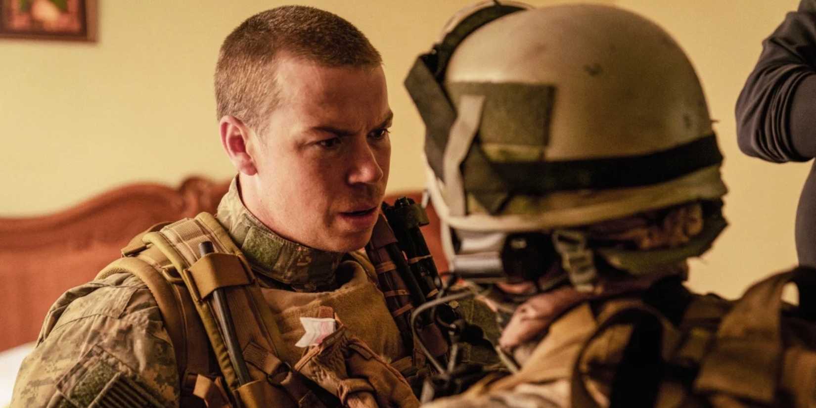 Will Poulter looking concerned in Warfare