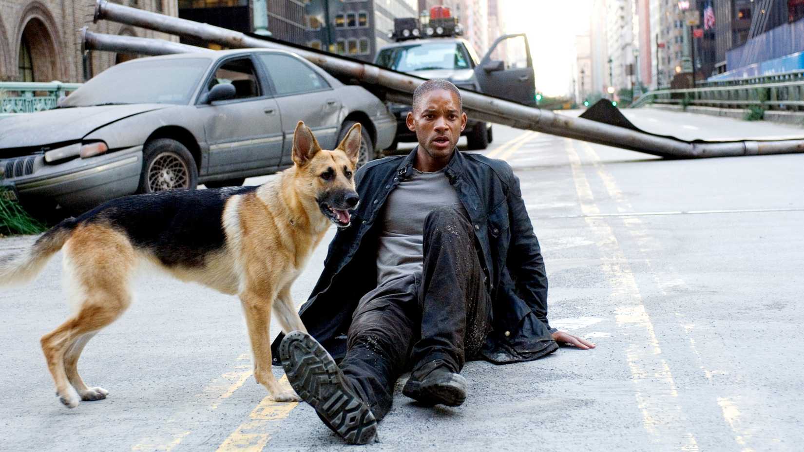 Will Smith sprawls in the deserted street looking forward with alarm with his dog at his side in a scene from I Am Legend