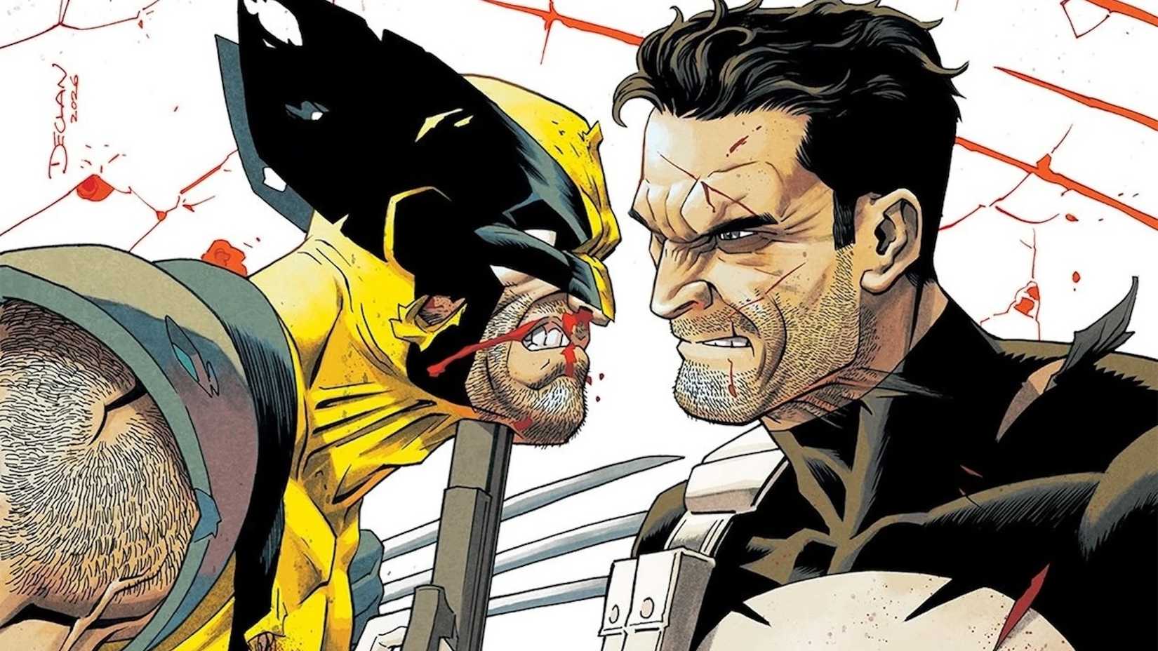 Wolverine and Punisher glaring each other in the middle of blood splatter