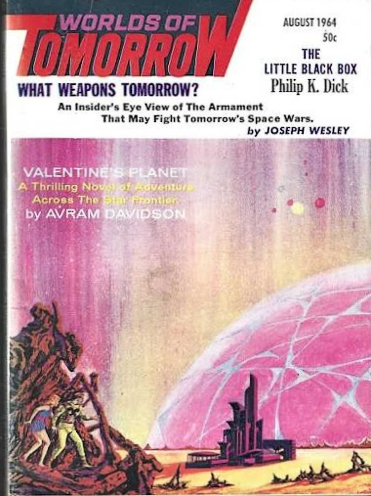 Worlds of Tomorrow sci-fi magazine cover, advertising stories including PKD's Little Black Box