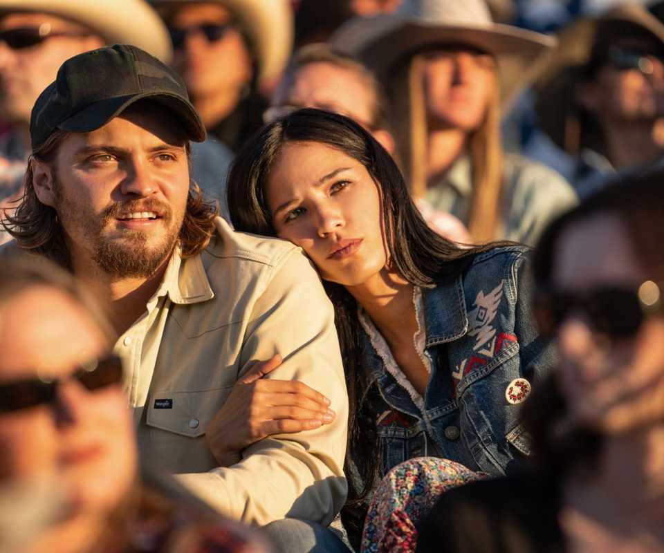 Luke Grimes as Kayce Dutton and Kelsey Asbille as Monica in Yellowstone season 3