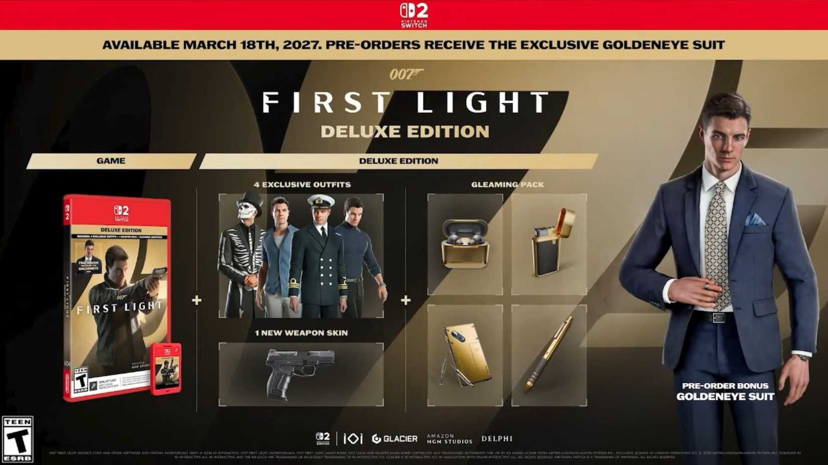 A promotional image for 007 First Light's Deluxe Edition on the Nintendo Switch 2.