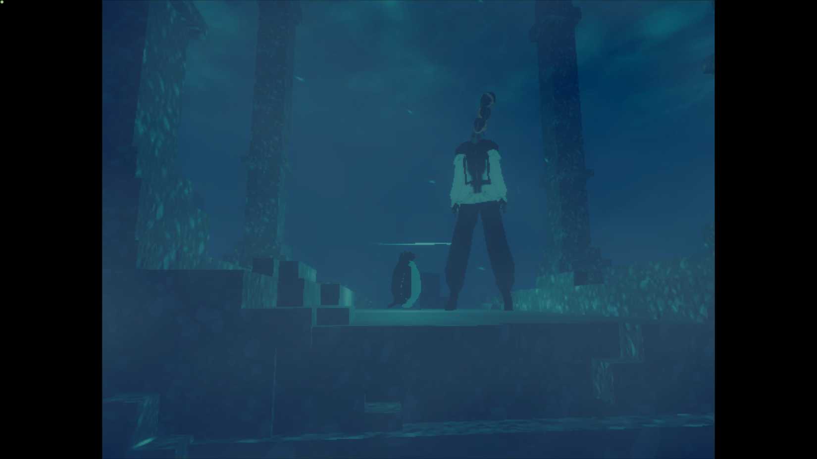 A penguin next to a mutated man with three heads in Penguin Colony