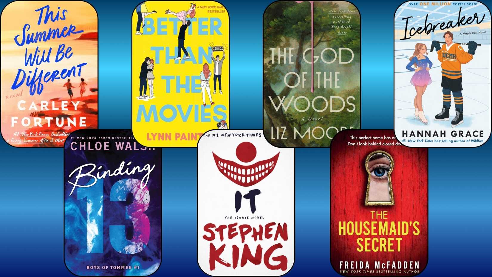 The covers of This Summer Will Be Different, Binding 13, IT, The God of the Woods, The Housemaid's Secret, and Icebreaker are on a blue background