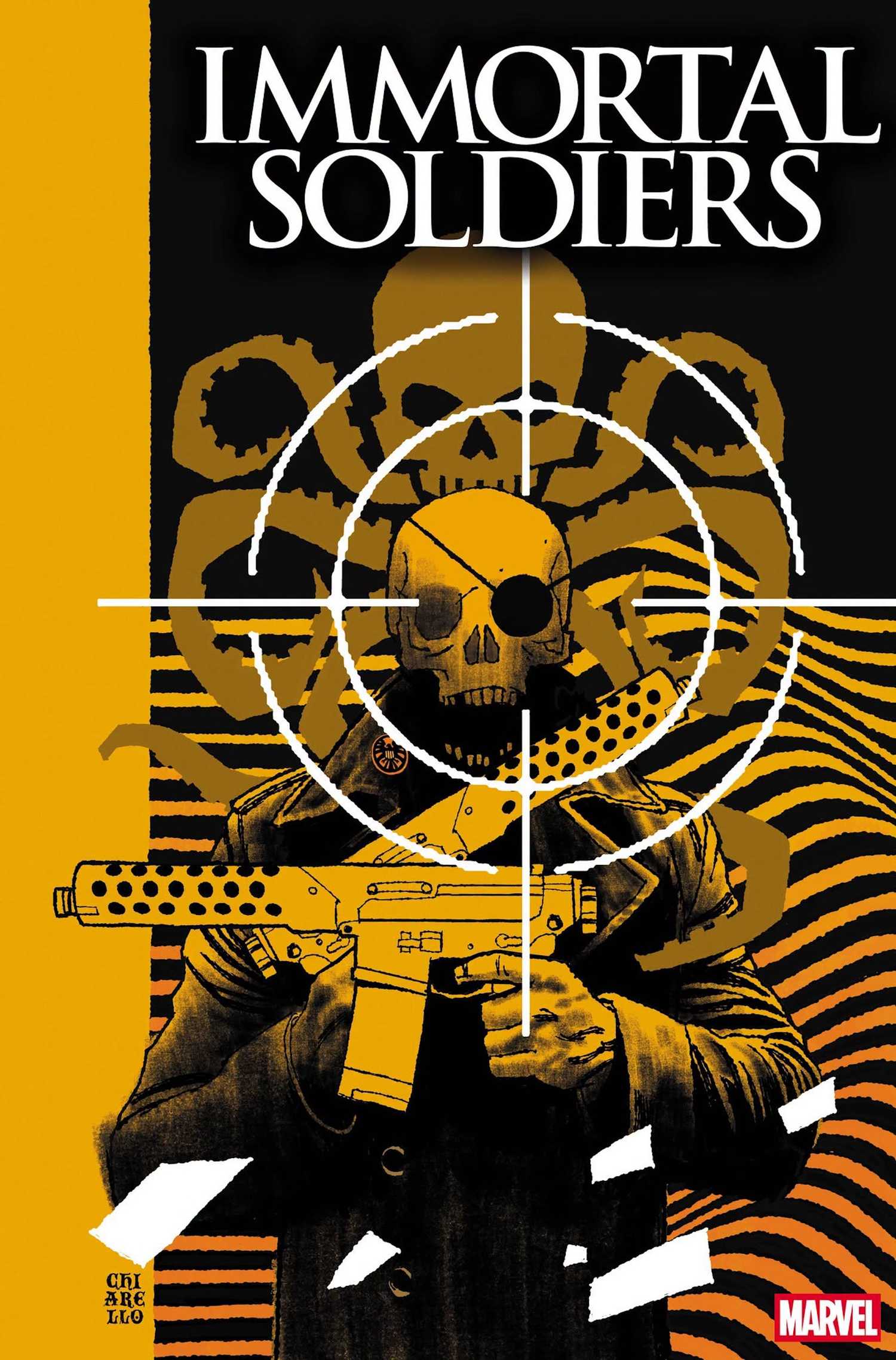 A skeletal Nick Fury wearing a HYDRA coat and holding a gun
