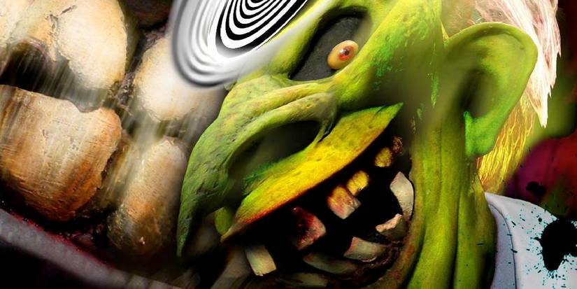 A close-up of a creepy doctor with green skin and wonky teeth in Terror Toons (2002)