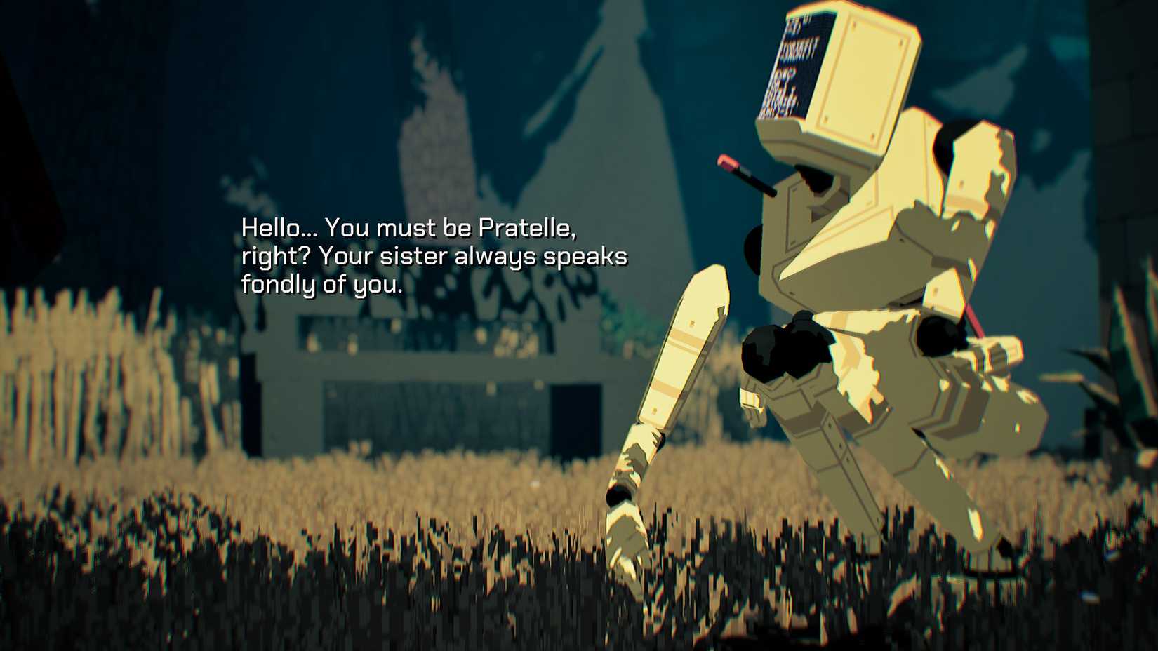 A digital being pleads to Pratelle in a forest in Virtue and a Sledgehammer