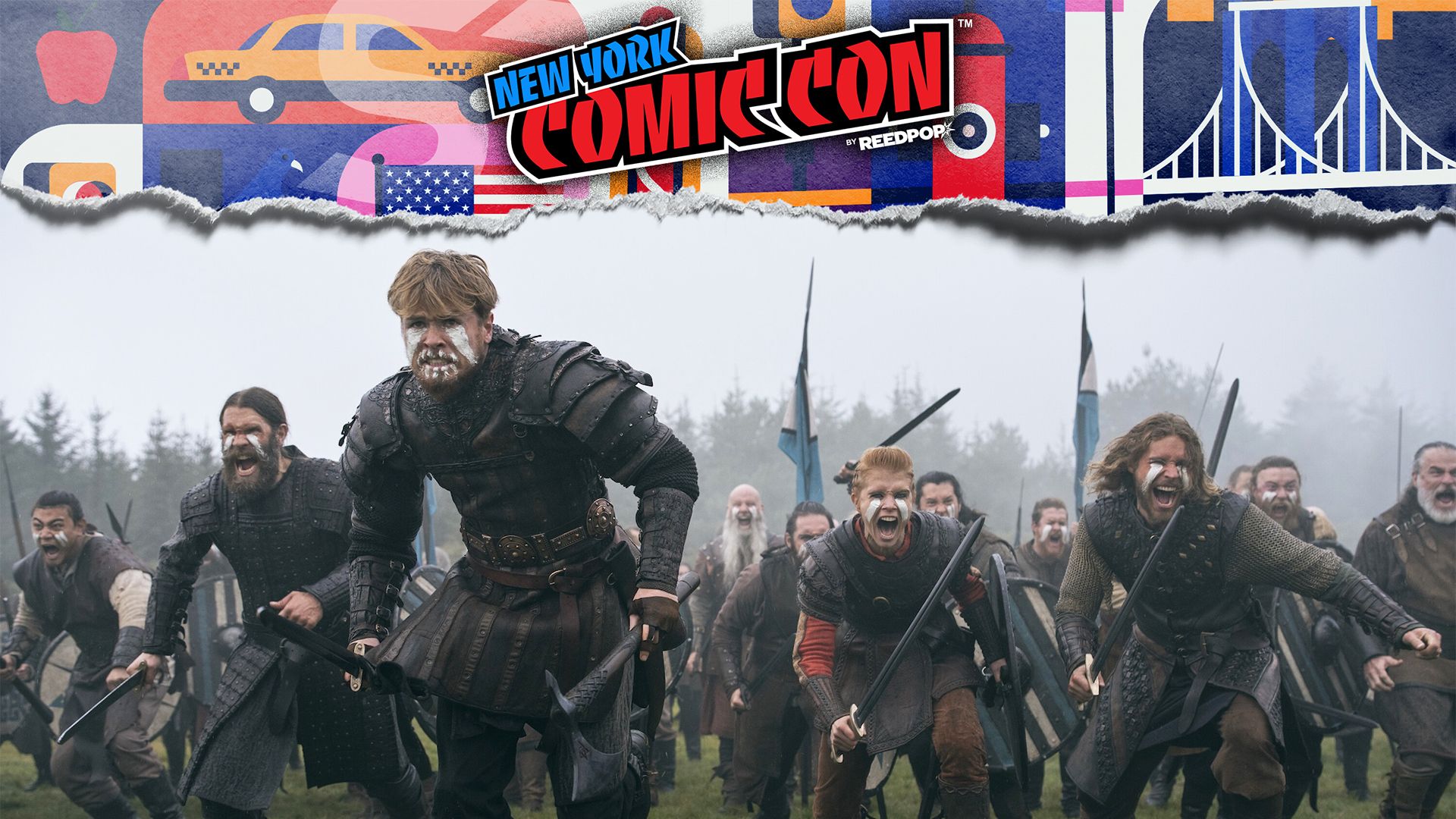 A group of warriors fighting in Bloodaxe with NYCC overlay