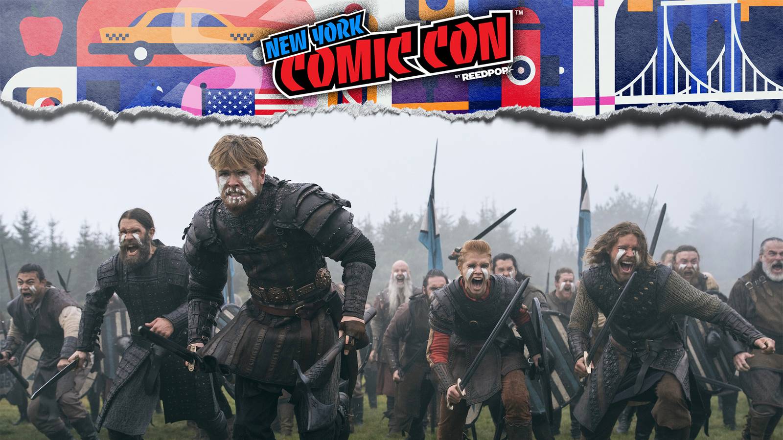 A group of warriors fighting in Bloodaxe with NYCC overlay
