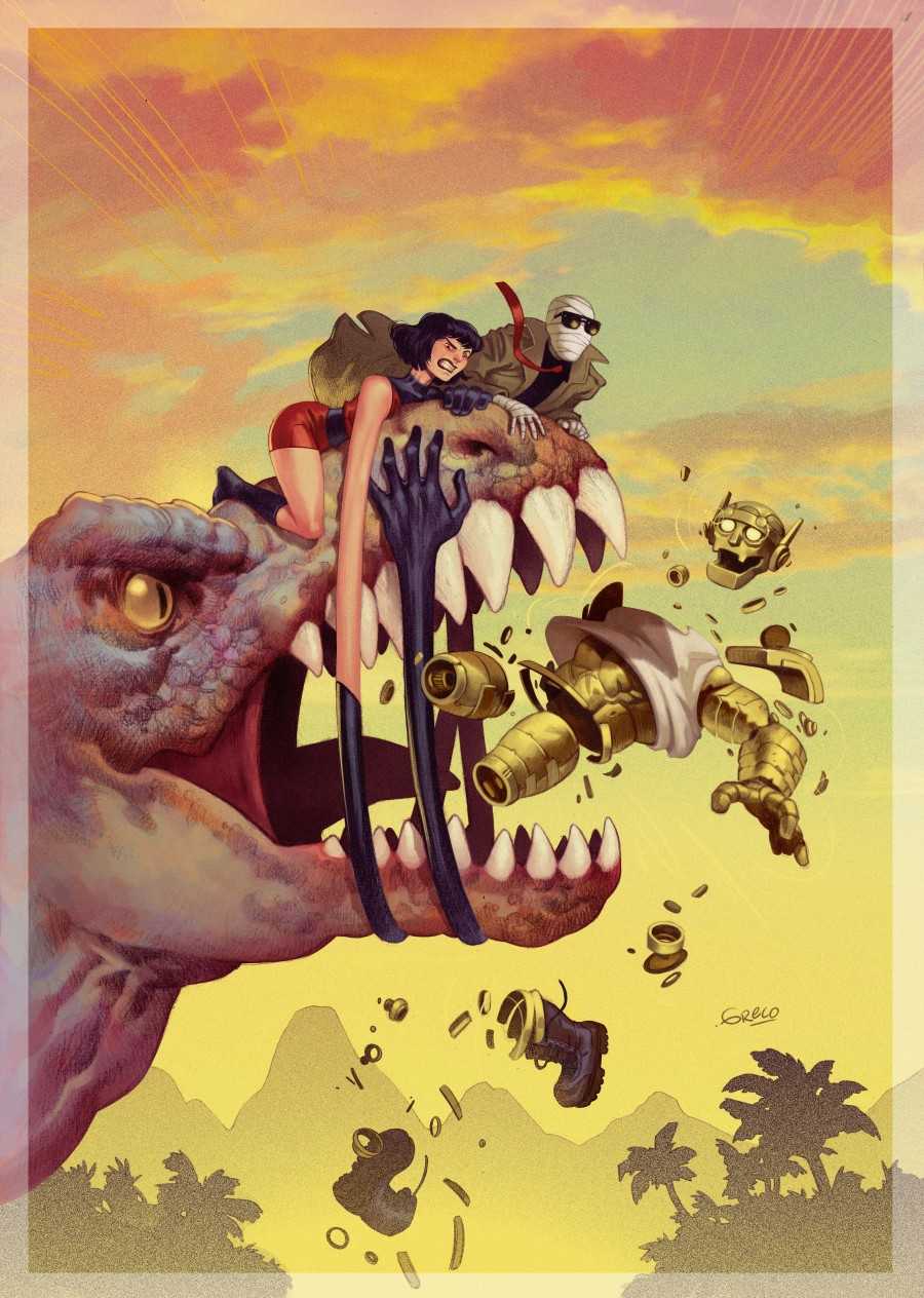 A T-Rex attacks the Doom Patrol