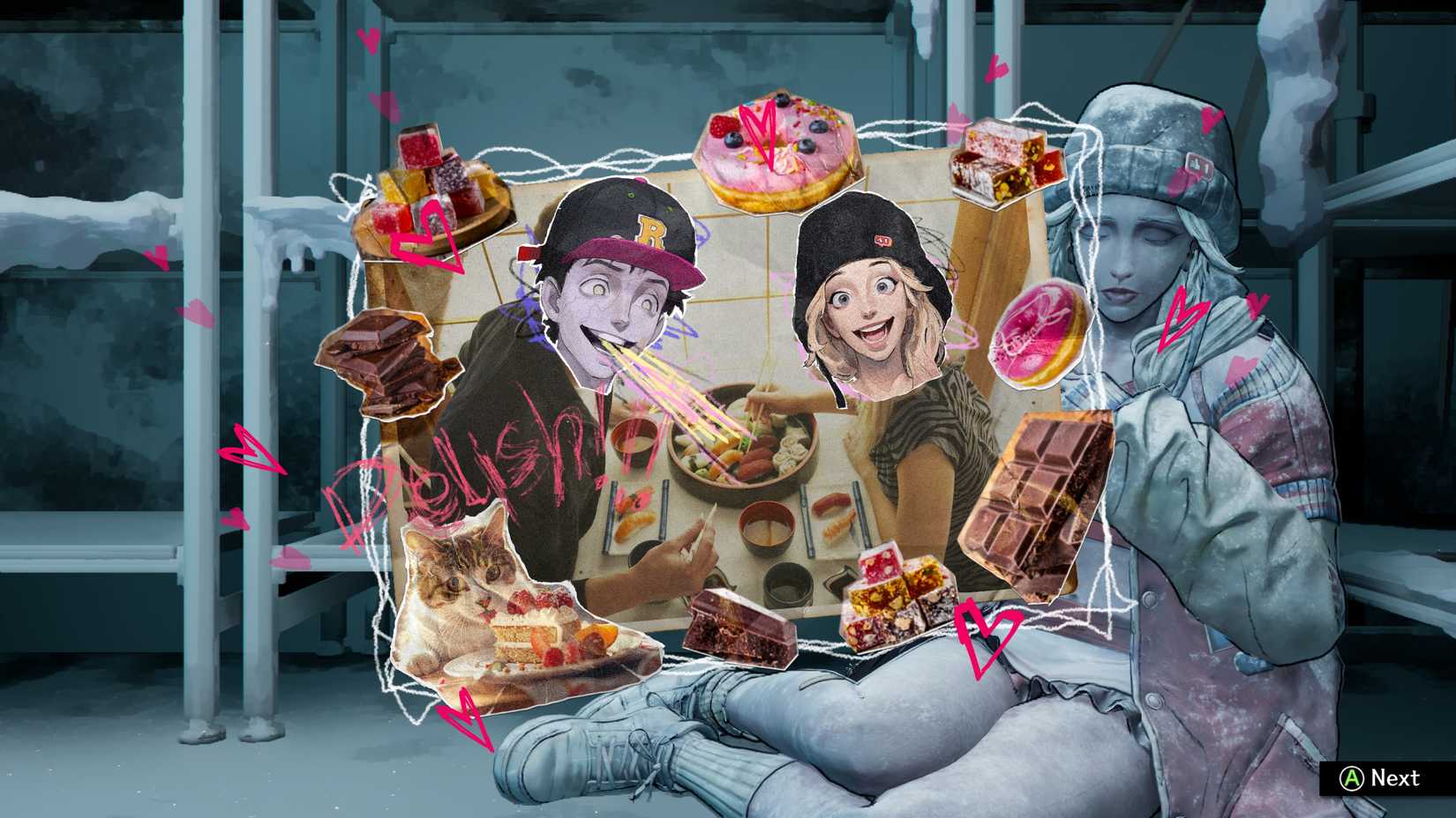 A view of Davys photo collage fantasy with Julias body in the freezer in Stupid Never Dies