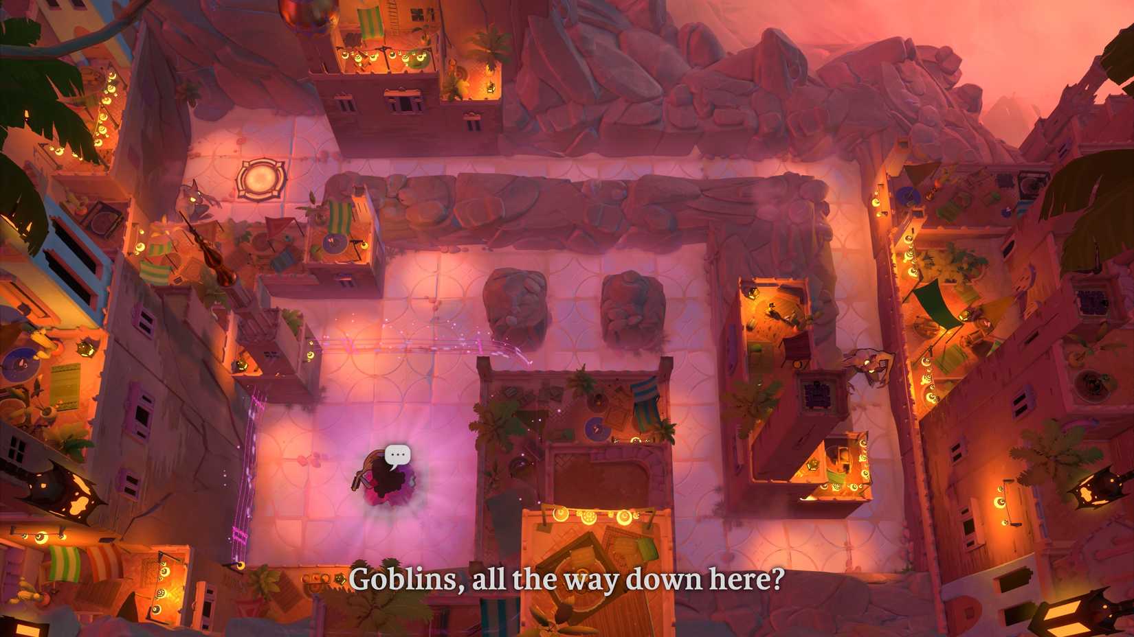 A view of the bard in an orange-colored underground marketplace setting in Order of the Sinking Star