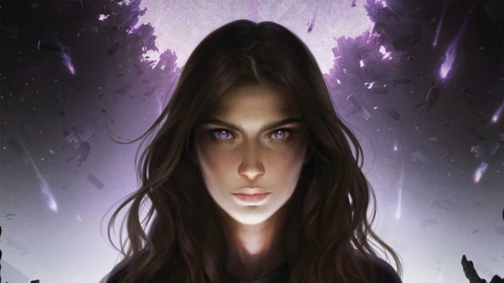 A woman stands in front of a purple sky with comets on the cropped cover of Skyward by Brandon Sanderson