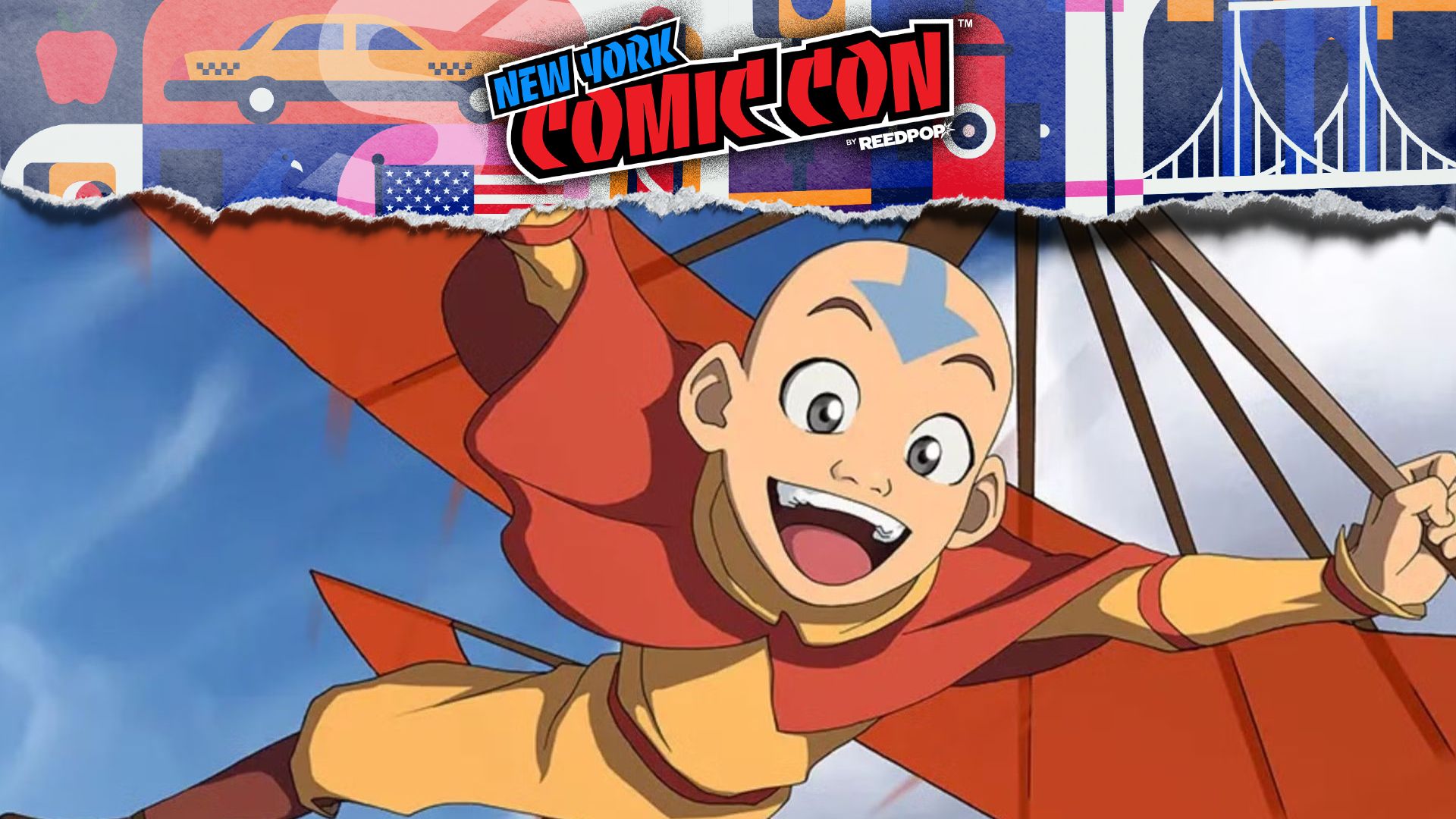 Aang flying in the sky in Avatar The Last Airbender with NYCC overlay