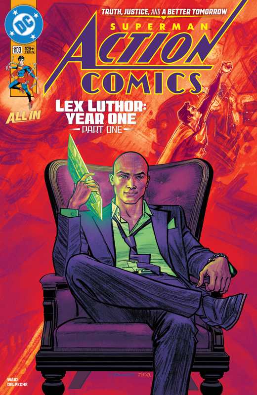 Lex Luthor sitting in a chair and holding a shard of Kryptonite