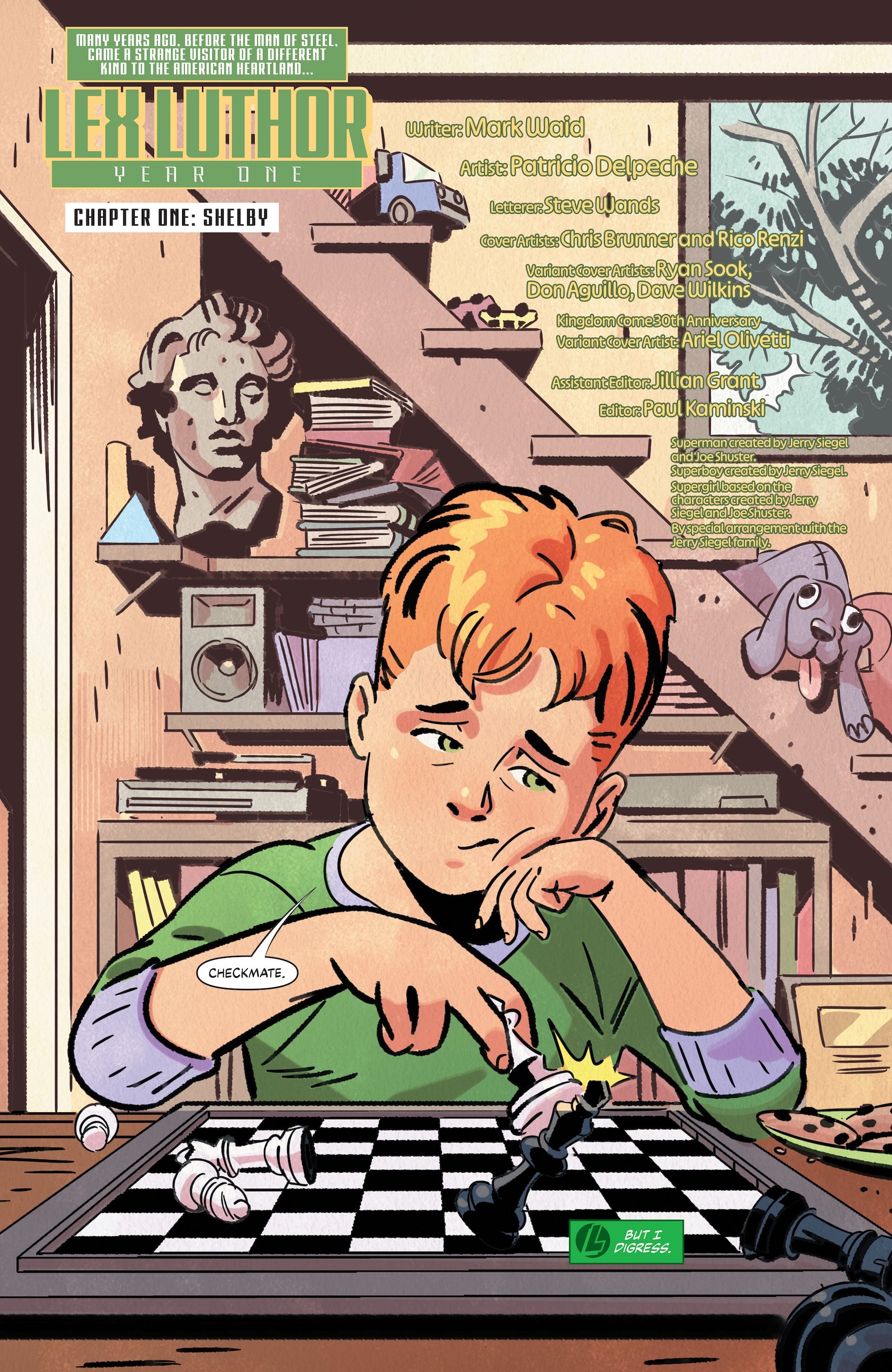 An adolescent Lex Luthor playing chess with himself