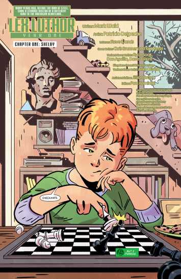 An adolescent Lex Luthor playing chess with himself