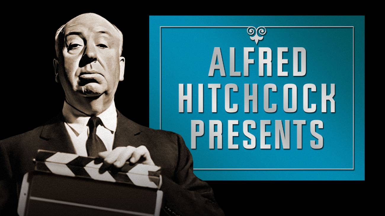 Alfred Hitchcock holds a movie clapper next to the title of Alfred Hitchcock Presents