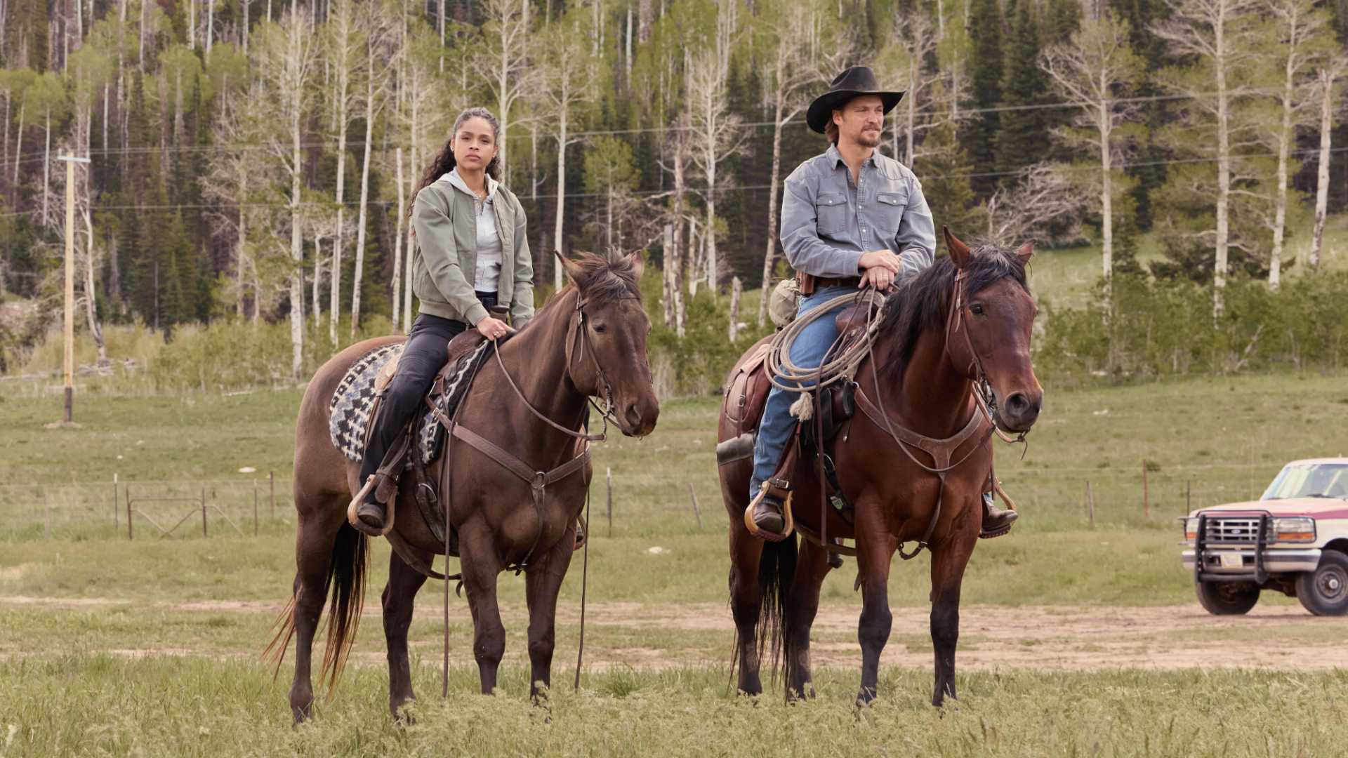 Andrea Cruz and Kayce Duttons on horseback in Marshals