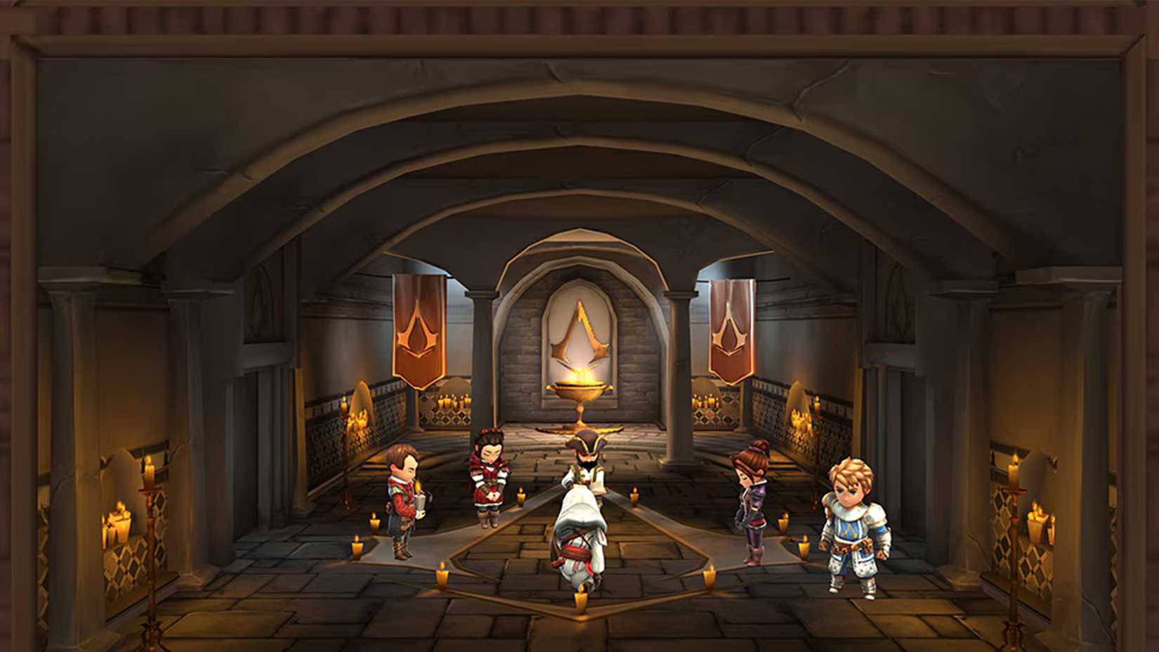 Assassins assembled in a hall in Assassin's Creed Rebellion