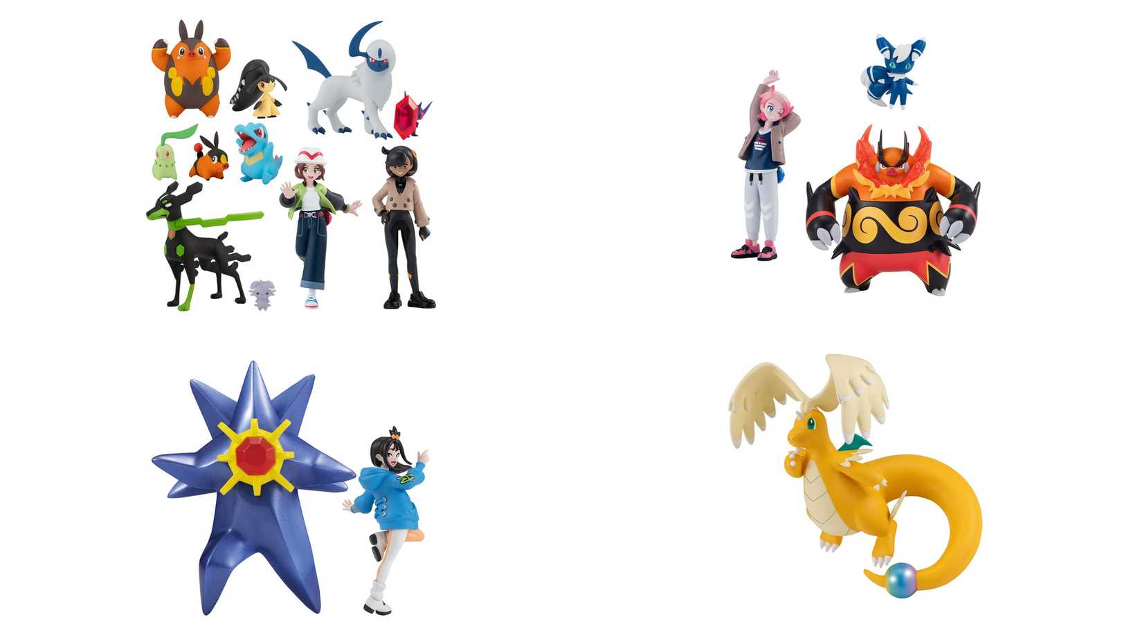 Several toy figures for characters and Pokémon from Legends: Z-A are assembled.