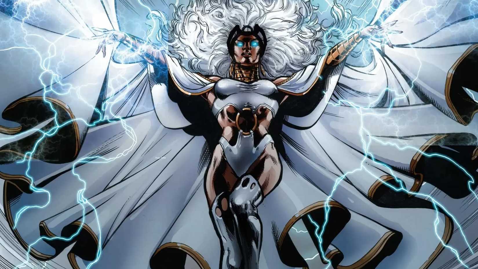 Storm in her white costume casting lightning, and her cape majestically flowing