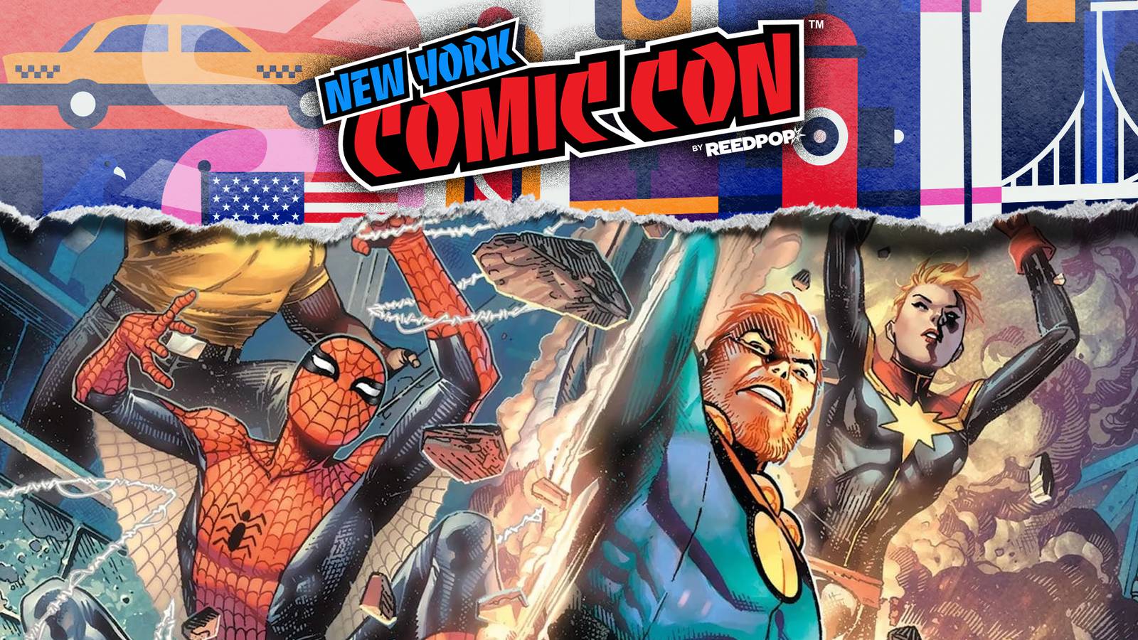 Spider-Man, Miracleman, and Captain Marvel underneath New York Comic Con banner