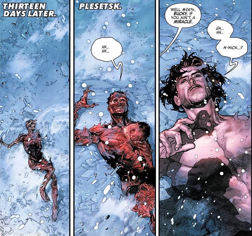 Avengers Armageddon #5, Bucky Barnes heals from near death while lying naked in the snow