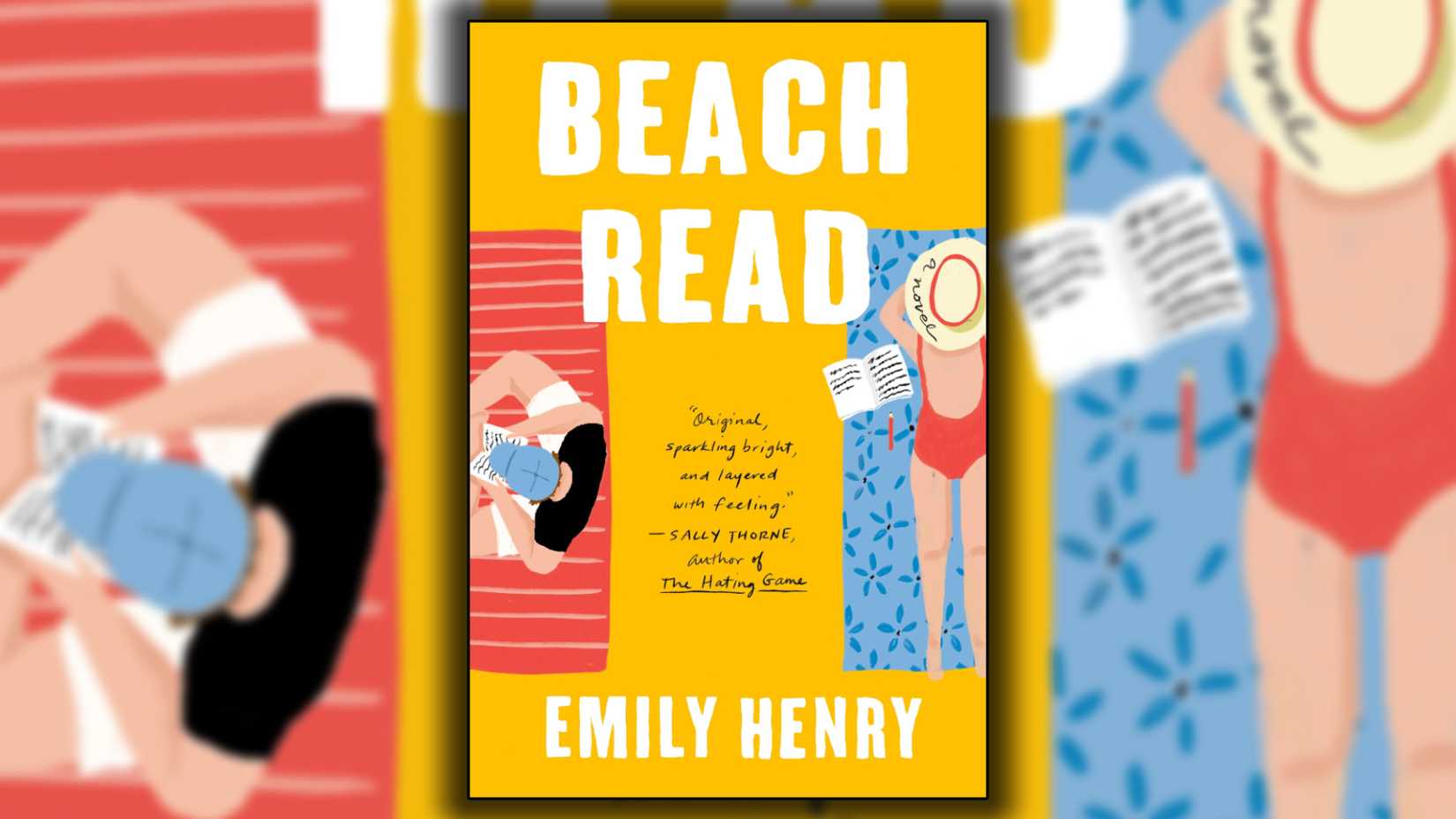 Beach Read by Emily Henry shows a woman laying on a beach towel and a man reading a book