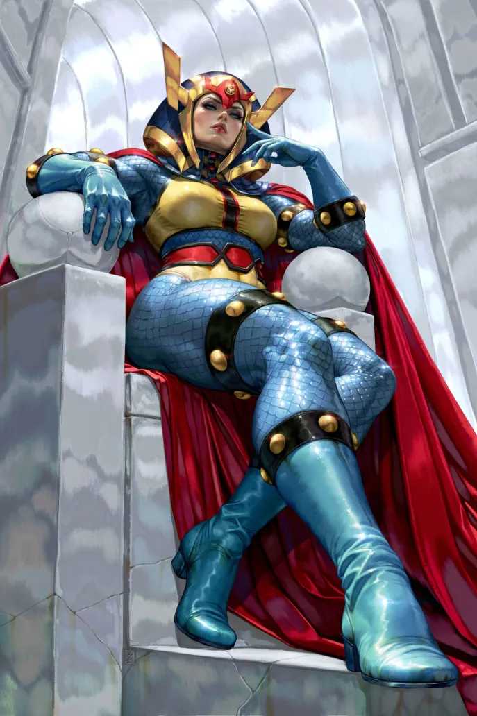 Big Barda sits on a stone throne in DC All In Saga The New Gods variant cover