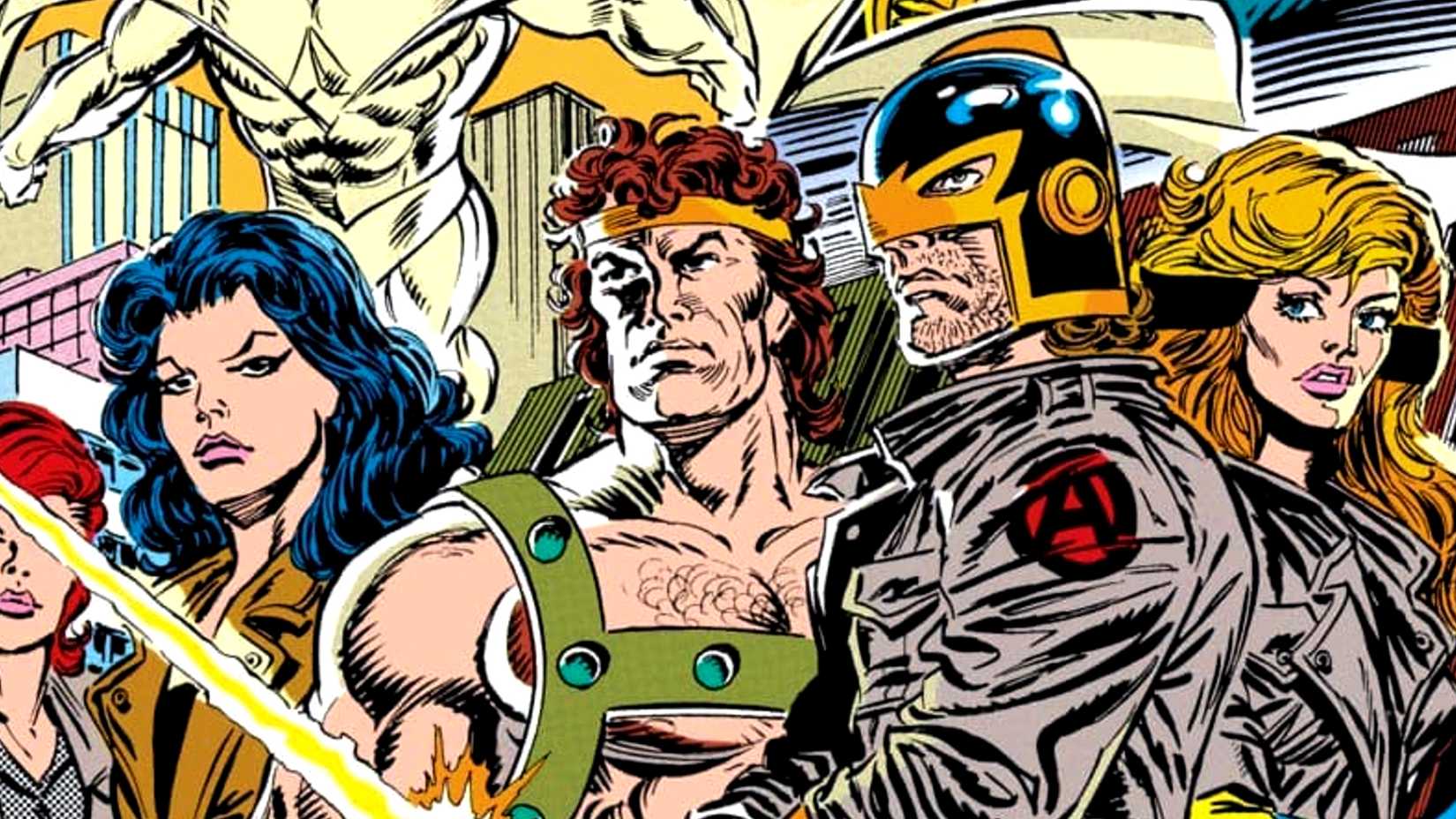 Black Knight, Sersi, Crystal, and other Avengers wear bomber jackets