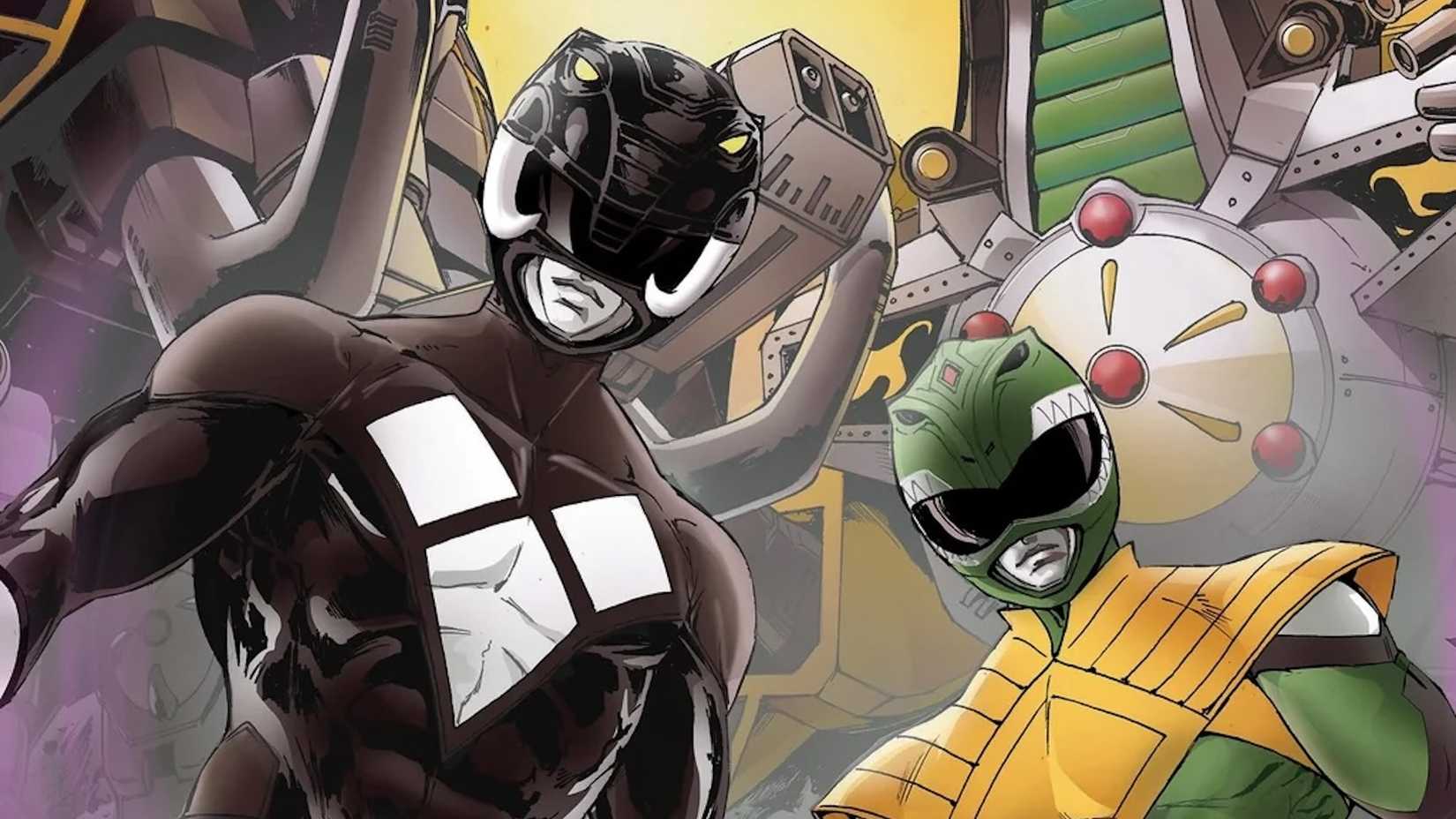 The Black and Green Rangers with the Mastodon Zord and Dragonzord behind them