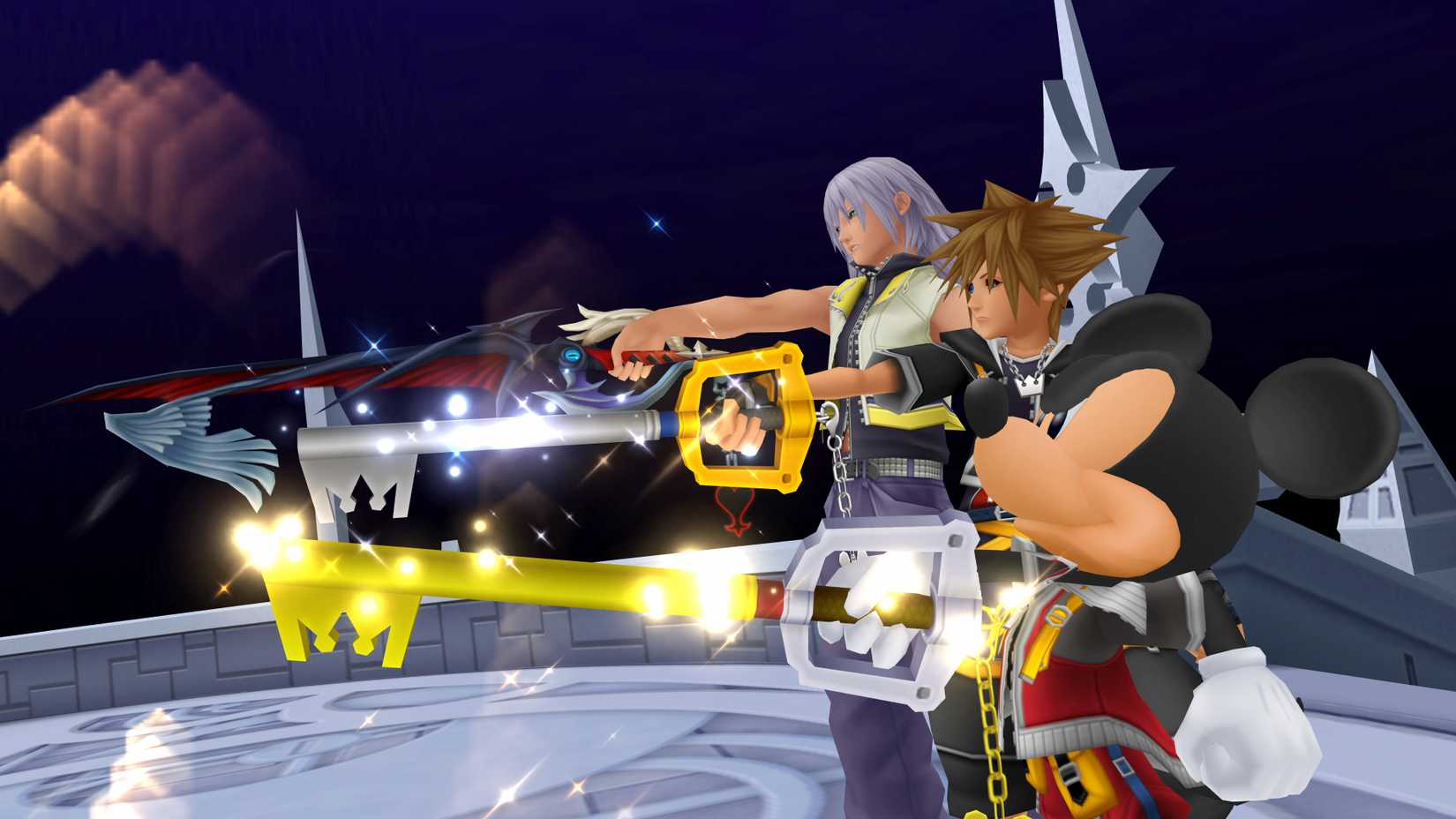 Riku, Sora, and Mickey with keyblades in Kingdom Hearts 2