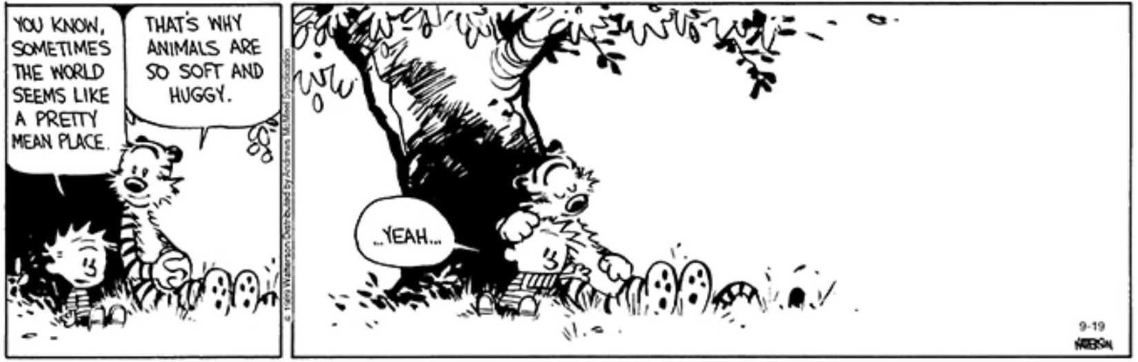 Calvin and Hobbes hug after complaining about life's mean nature