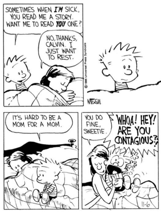 Calvin cares for his mom in Calvin and Hobbes
