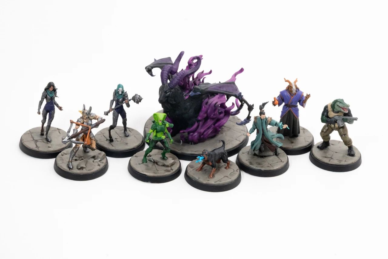 Image shows the miniatures from Dungeon Crawler Carl RPG: Allies & Enemies