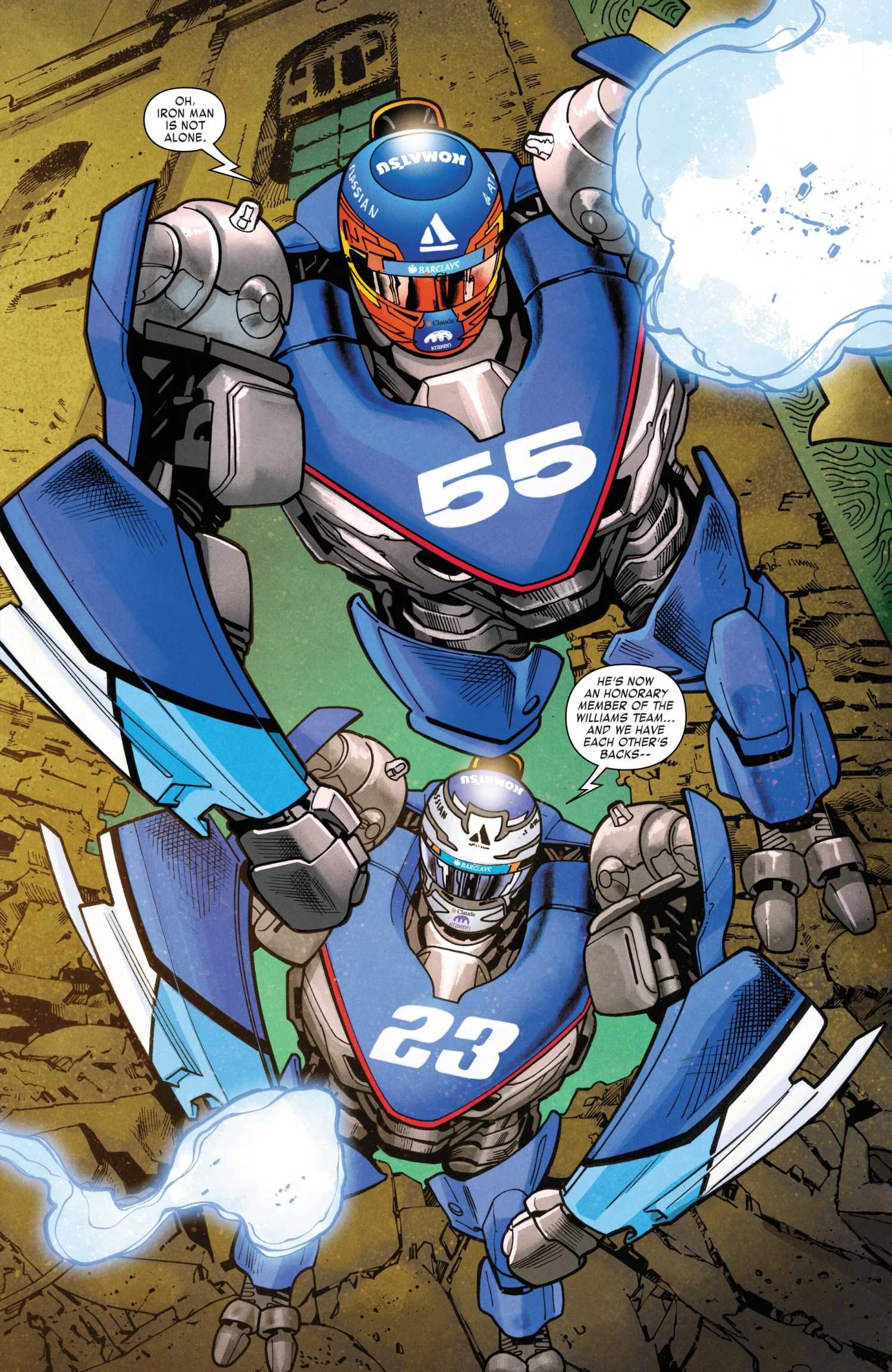 Carlos Sainz and Alex Albon pilot their suits of armor in Iron Man Racing Towards Doom #1