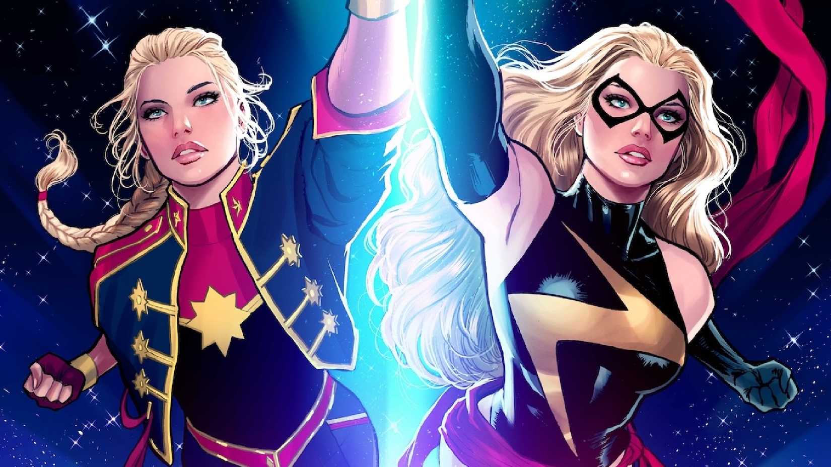 Carol Danvers wears her Ms Marvel and Captain Marvel costumes in Dark Past comic cover
