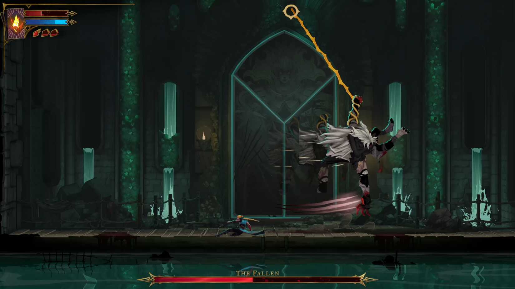 Castlevania Belmont's Curse The Fallen Rose sliding under a whip swing attack