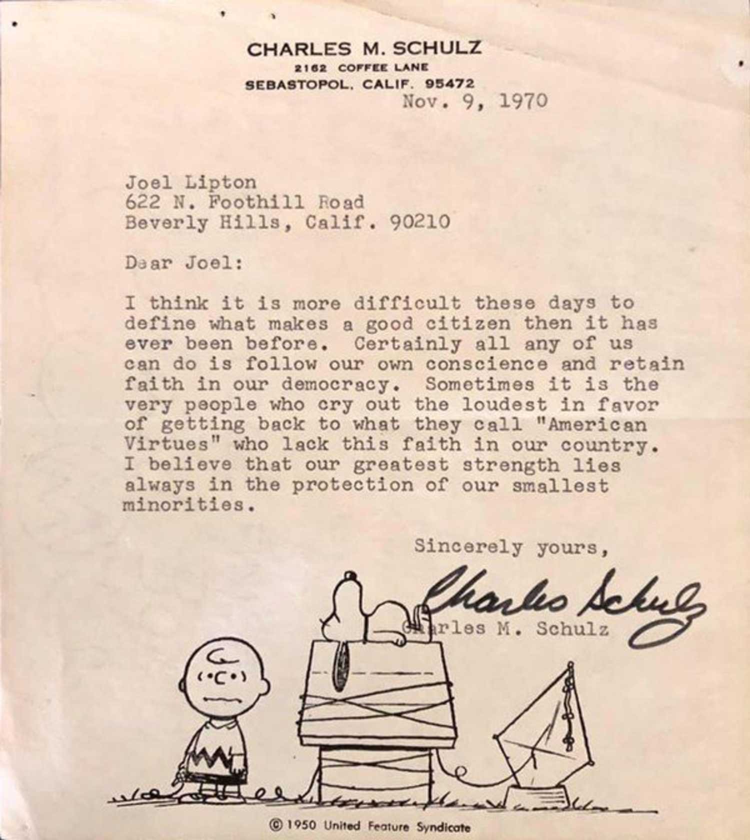 Charles Schulz letter to a fan on Peanuts letterhead